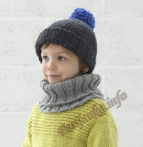 Детская шапка, шарф и варежки спицами и крючком